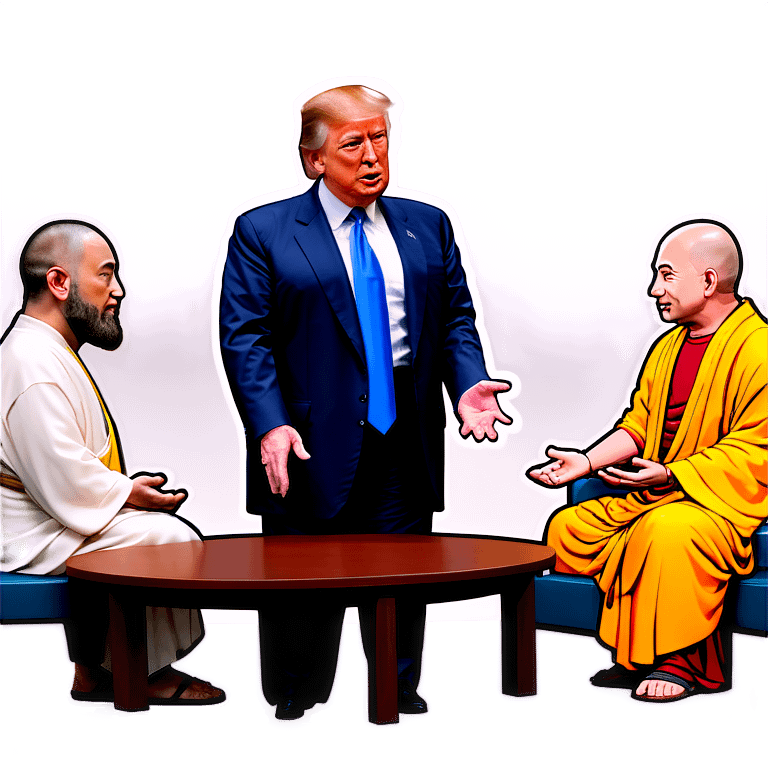 Jesus, Buddha, Musk, Bezos, and Trump in a meeting emoji