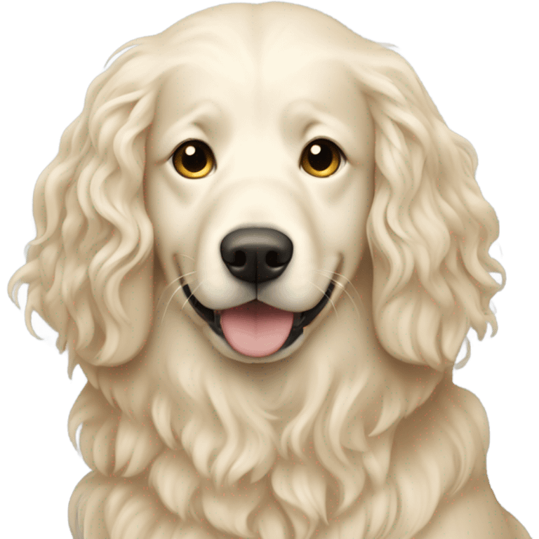  white woman with long dark hair and her English cream golden retriever curly haired dog emoji