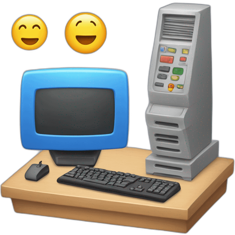 una torre de pc y al lado un volante un joystick y un mando emoji