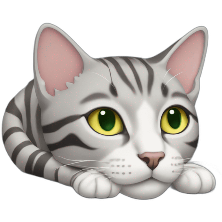 light gray tabby cat with white stripes domestic short hair with yellow green blue eyes and black pupil sleeping emoji