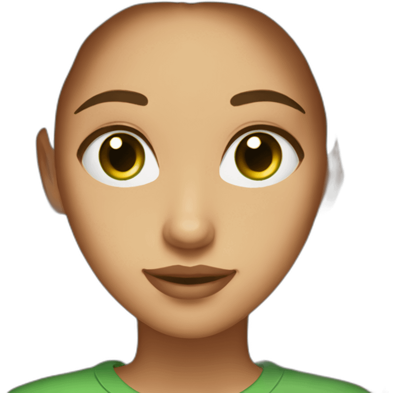 Cute girl with straight long brown hair, green eyes, gold earrings and a green shirt. She ist looking fabulous btw emoji