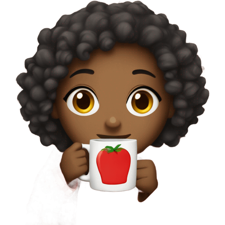 Black girl with curly hair drinking from a mug while wrapped in a checkered blanket emoji