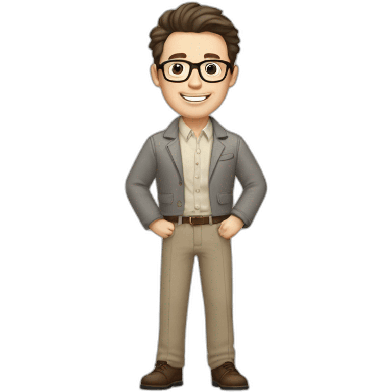 Joyful Pale skinned Fit Man With dark brown hair in gray jacket, beige office shirt, Brown pants and vintage glasses. His thrumbs up emoji