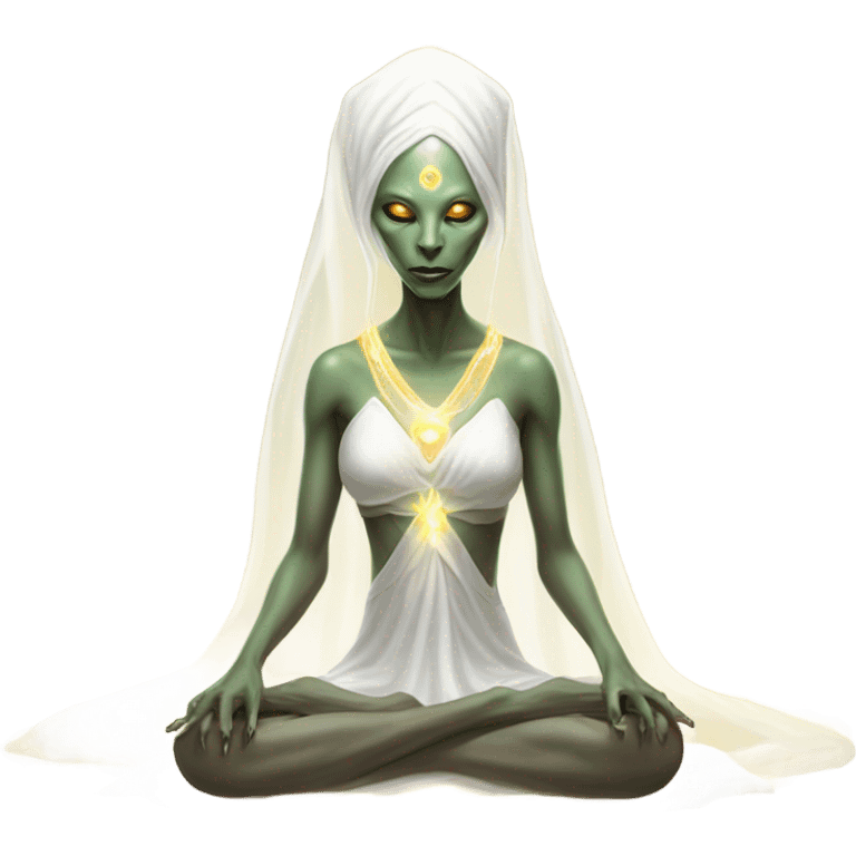 a Reptilian alien woman, white dress like a priestess, in meditation show aura emoji