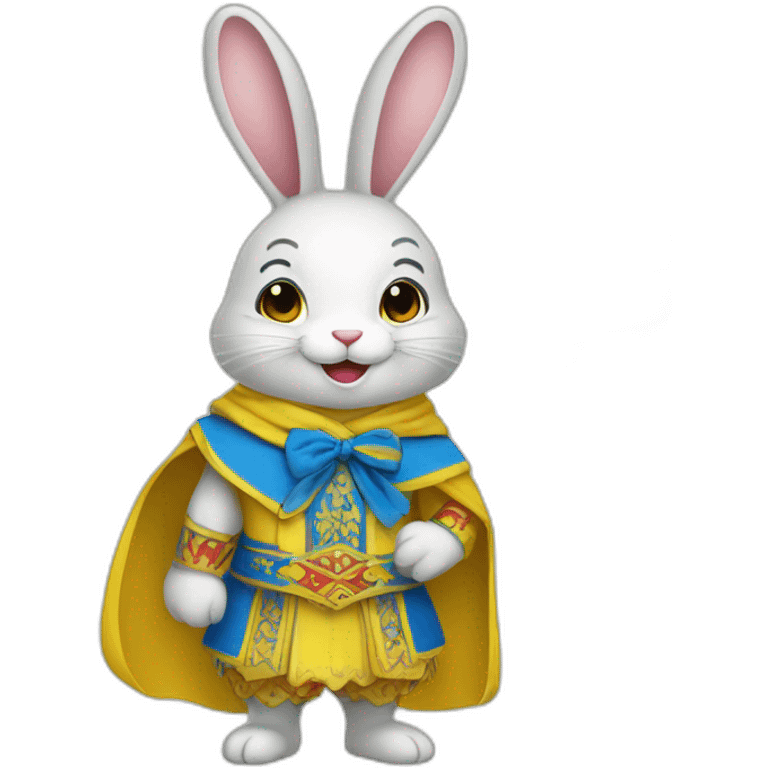 the rabbit is dressed in a costume in the color of the Ukrainian flag and smiles emoji