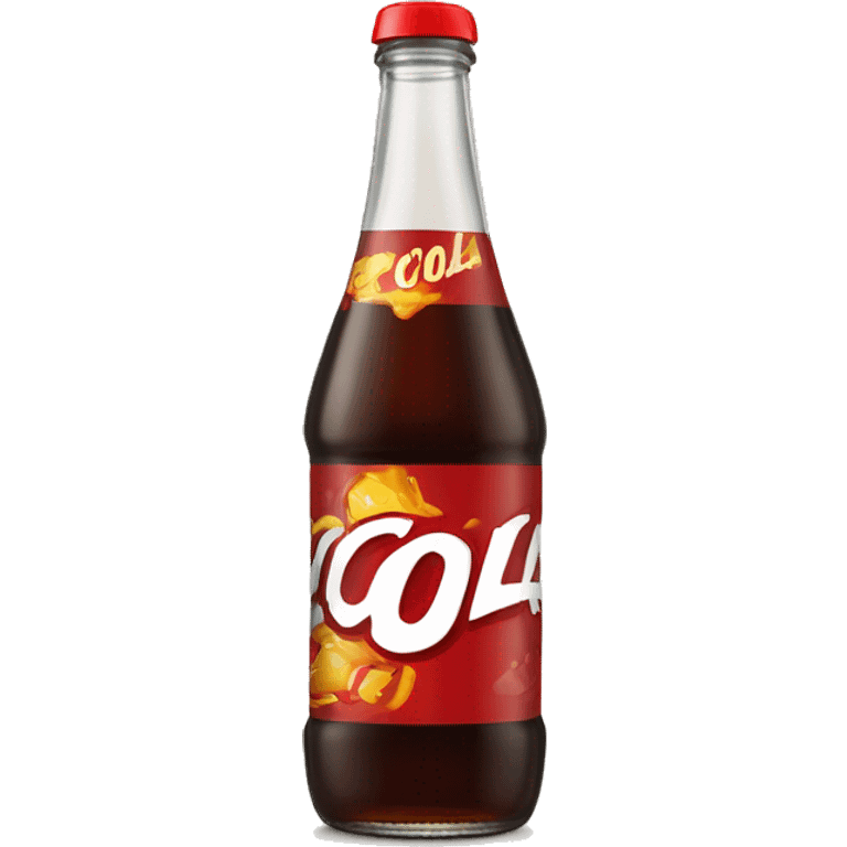 glass bottle with brown soda and red lid with the word "cola" on the label emoji