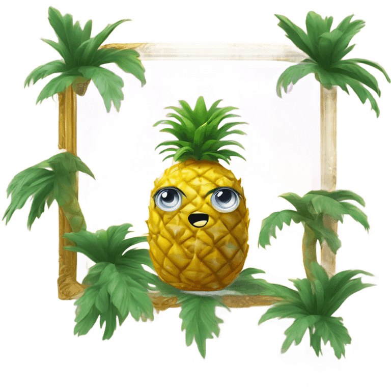 3D elegant pineapple🍍  with big shiny eyes 👀 pineapple holds mirror with its reflection 🪞🍍 emoji