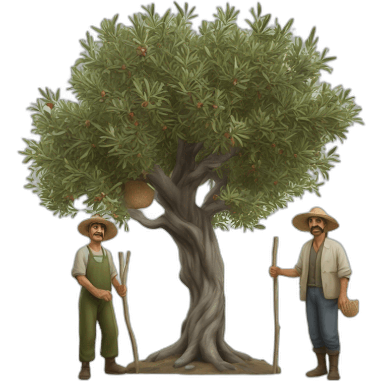 Hyperrealist olive tree and andalusian farmers with a stick emoji