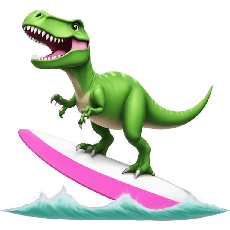 green t-rex dinosaur surfing on a pint and white surfboard with a pink tutu on emoji