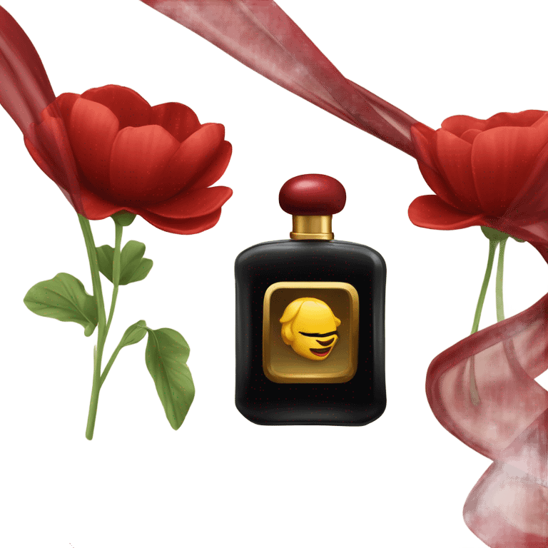 Dark red sophisticated perfume bottle with red buttercups and a silk scarf emoji