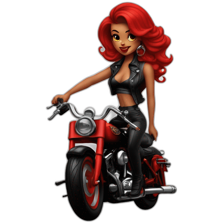 Chica pin up pelo rojo sobre moto Harley Davidson negra emoji