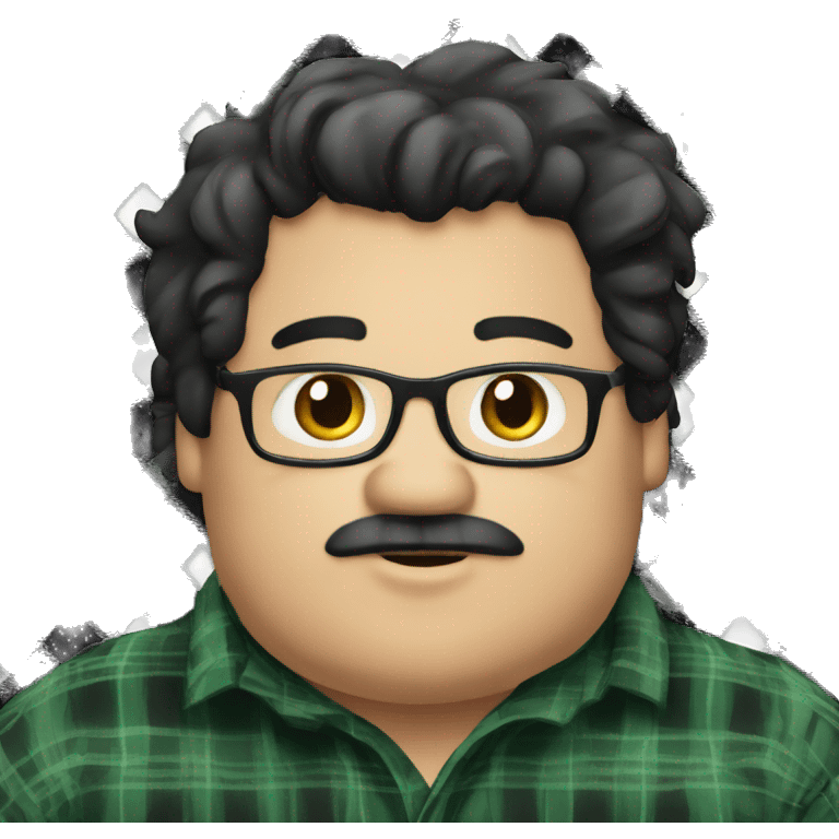 Fat man wearing a darkgreen and black plaid flannel shirt profile picture, happy, black hair emoji