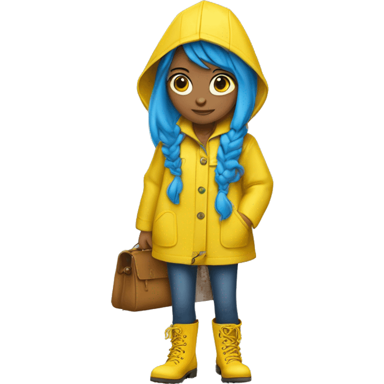 girl with blue hair in a bob, button eyes, a yellow raincoat, some freckles, blue skinny jeans, a yellow pair of rain boots to match the rain coat, a bag like purse, and a scowl emoji