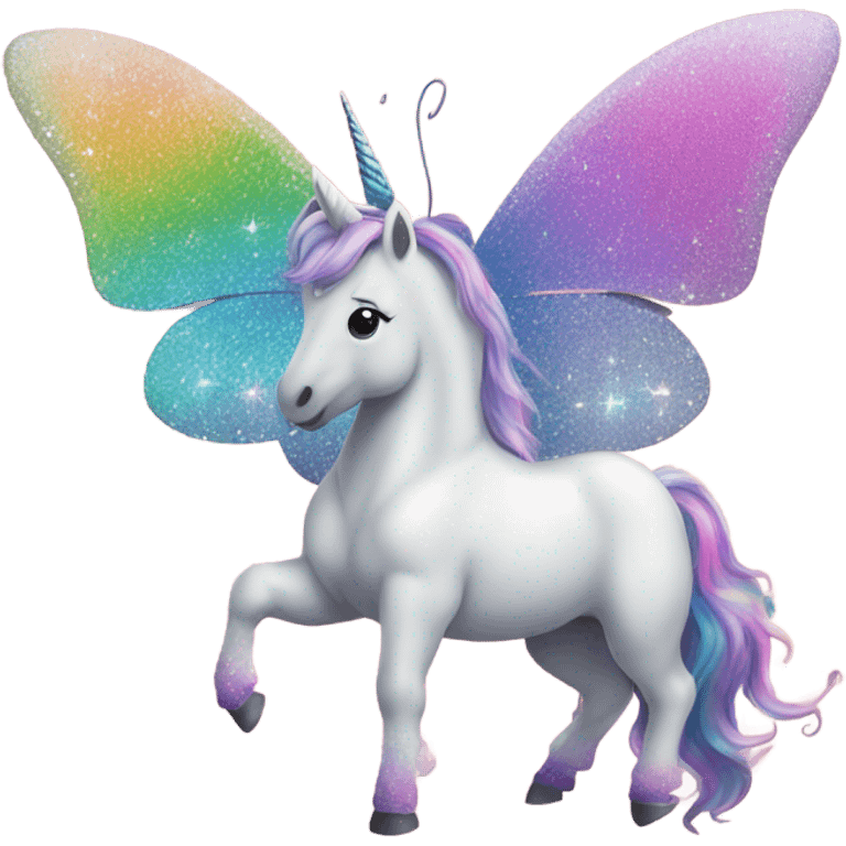 Whimsical rainbow unicorn butterfly with glitter emoji