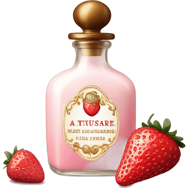 Antique parfumerie bottle with oil, made of red crystals, white cream and pink strawberry milk pour from the bottle emoji