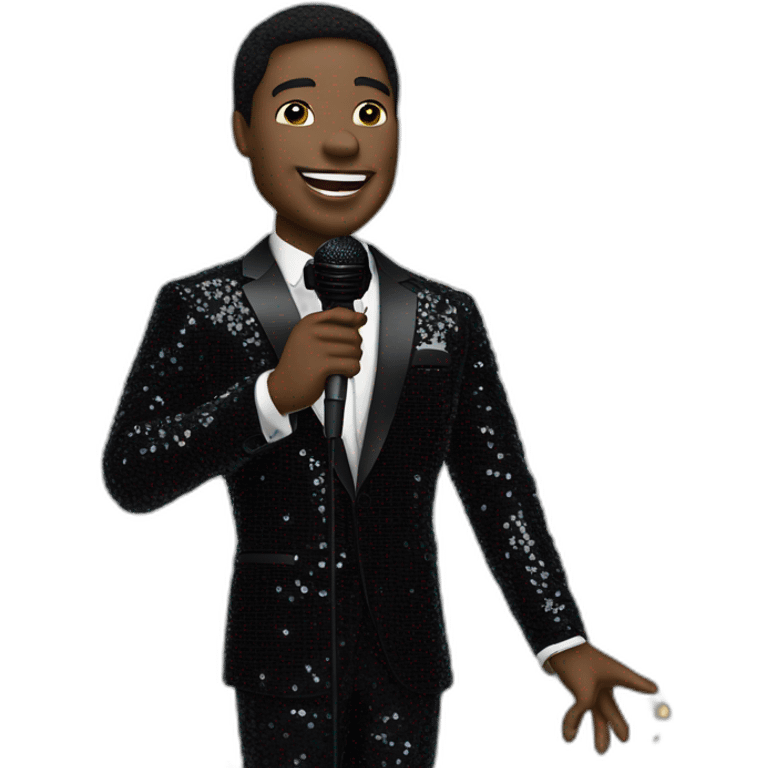 sam richardson in a black sequin suit holding a microphone singing (portrait,-front-facing,-apple-ios-17-style) emoji