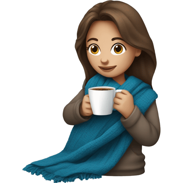 Brown hair Girl drinking coffee, with a blue cozy blanket emoji