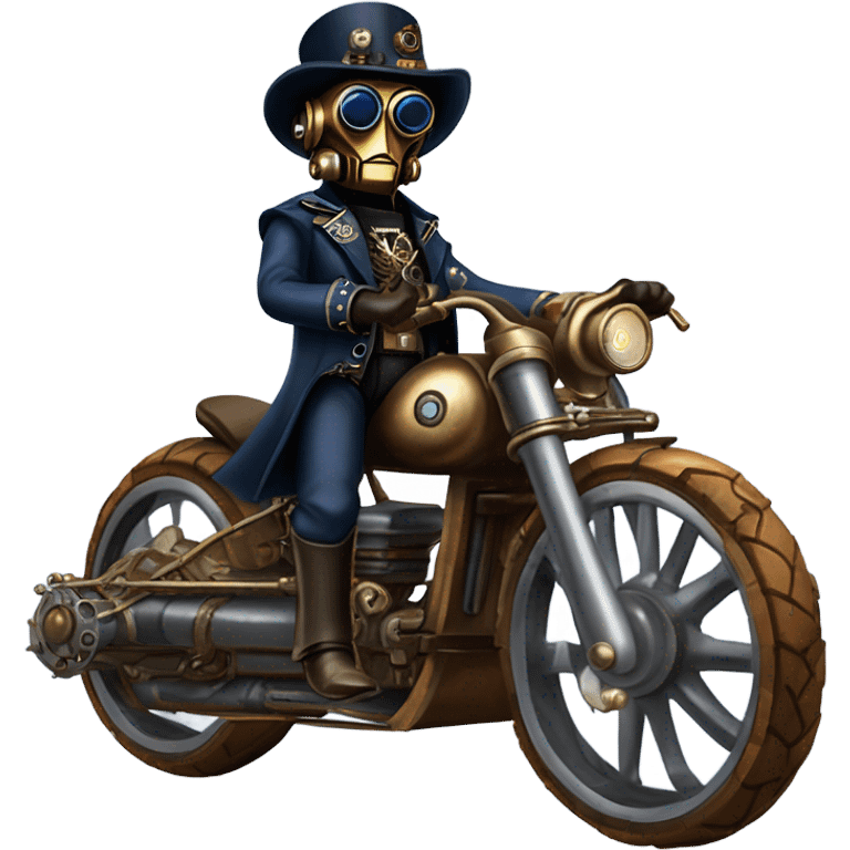 Old west Bounty hunter C-3PO wearing a pair of navy-blue rimmed steampunk goggles, hat, leather chaps, fringe jacket riding a fast sporty 3 wheeler trike steampunk motorcycle in desert town  emoji