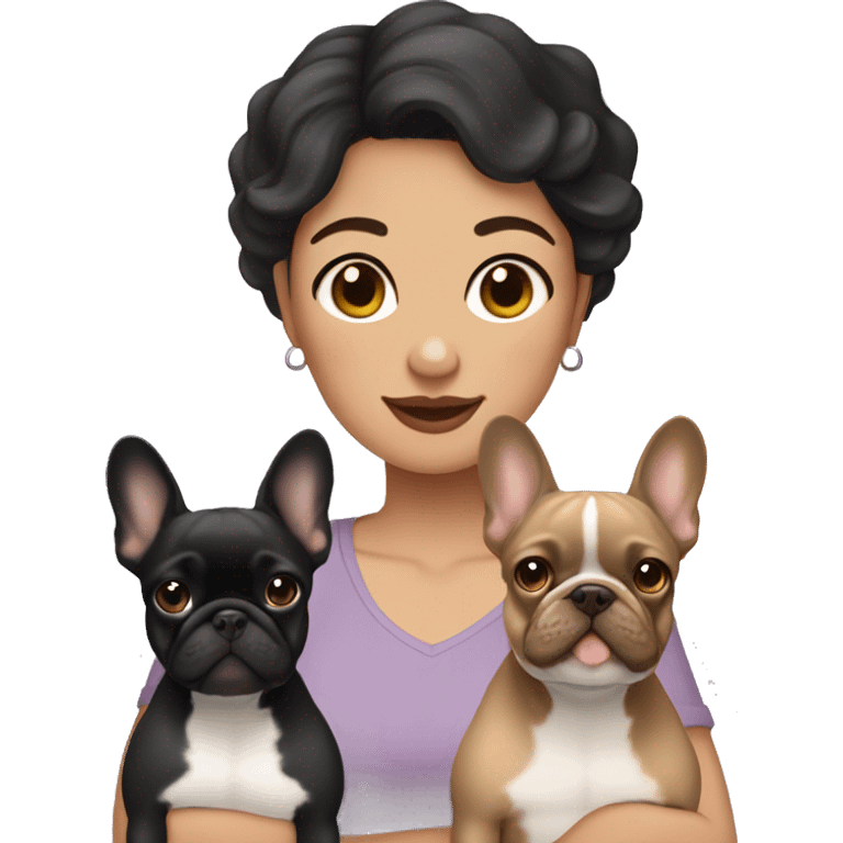 Dark hair light skin mom with two frenchie emoji