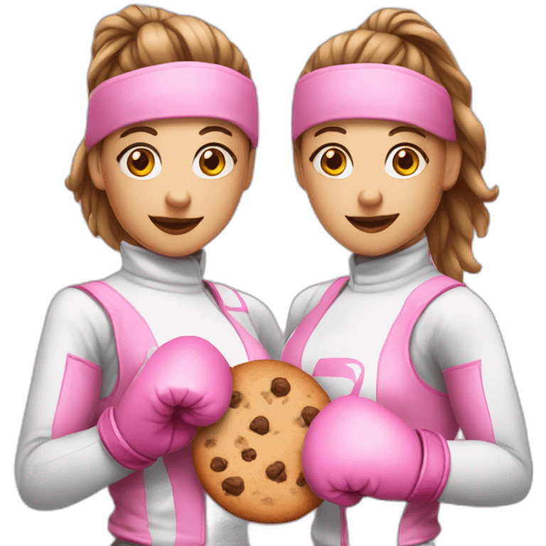 three girls with pink boxing gloves and a cookie in the middle emoji