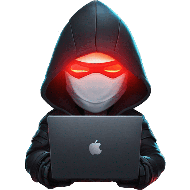 developer behind his laptop with this style : crysis Cyberpunk Riot Games Valorant neon glowing bright red character red dark black hooded assassin themed character emoji