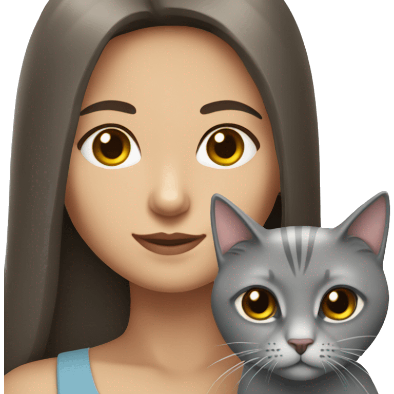 Brunette girl with straight long hair with braun eyes with grey cat emoji