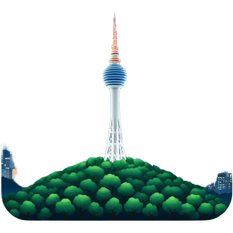 Cinematic Realistic N Seoul Tower Landmark Emoji, featuring the iconic tower perched atop Namsan Mountain, glowing against the night sky with panoramic city lights stretching beyond. emoji