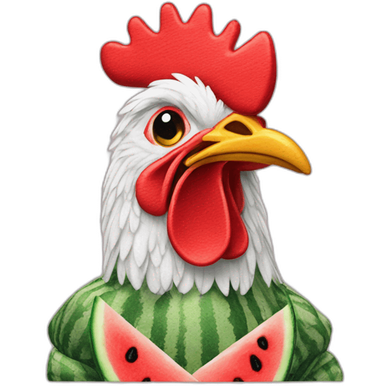 A COCKEREL IN AN EMBROIDERED SHIRT WITH A WATERMELON IN HIS HANDS emoji