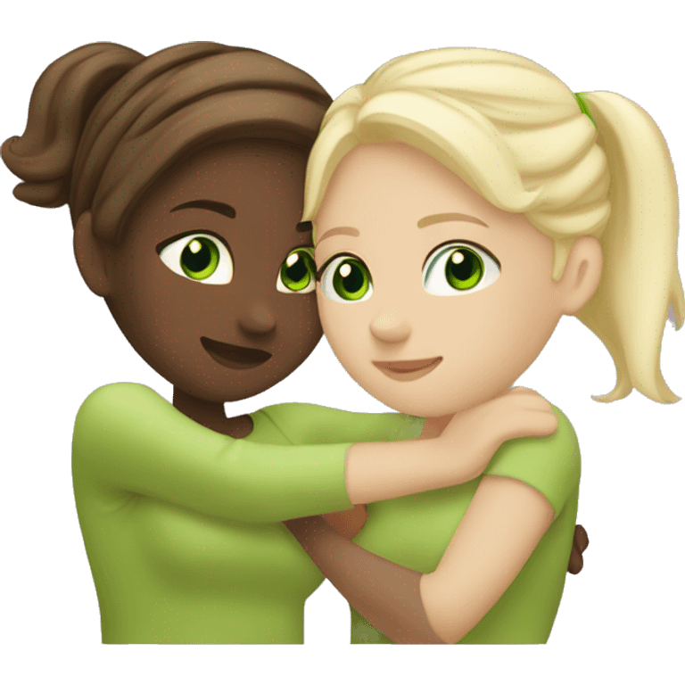 two white girls hugging one blonde hair and green eyes p- one brunette and brown eyes   emoji