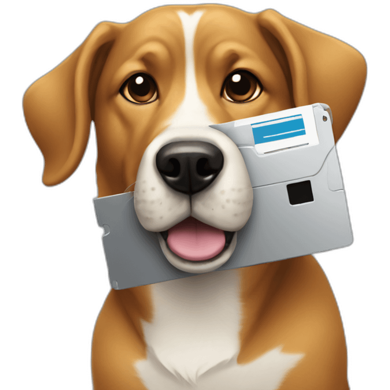 dog holding up a floppy disk emoji