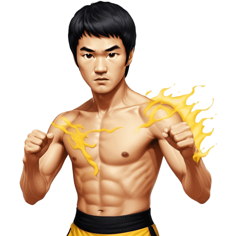 Cinematic Realistic Bruce Lee Portrait Emoji, depicted as a dynamic martial arts icon with an intense gaze and athletic physique caught in a fluid motion, rendered with vivid textures and energetic lighting that embodies his legendary prowess. emoji