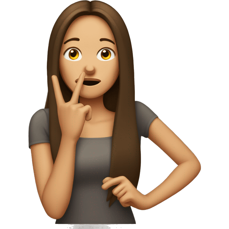 brown-haired woman with straighted long hair,  shows her index finger in front of her mouth emoji