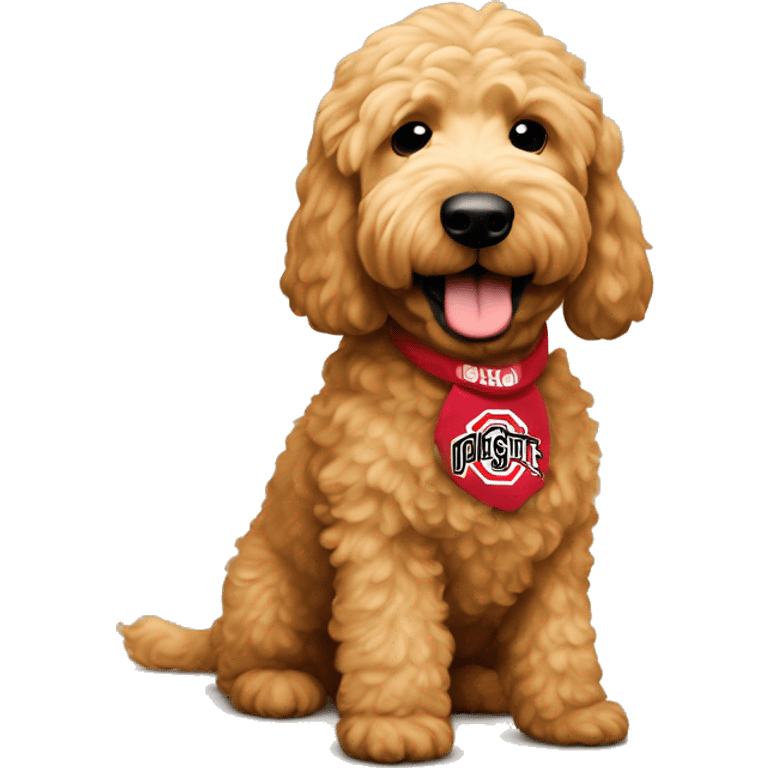 Tan golden doodle with Ohio state emoji