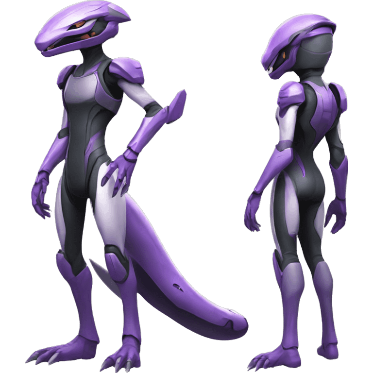 a Reptile-Raptor-Genesect-Mewtwo-Fakémon with a futuristic visor-helmet and wearing a techwear-suit Full Body emoji