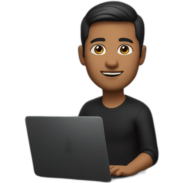     memoji of a man with a laptop in front, apple-style,modern,dark hair,black sweater,computer in hand, srilankan brown skin, sitting on his desk emoji