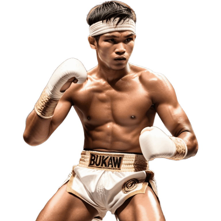 ​Cinematic Realistic Traditional Muay Thai Fighter such as Buakaw Banchamek, depicted in authentic attire featuring white bandaged gloves wrapped around his fists, a traditional headband tied neatly, and classic Muay Thai shorts, captured in a dynamic fighting stance under dramatic, high-energy lighting that highlights the raw power and elegance of the art, emoji