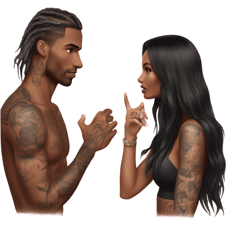 Photo of Victoria secret model having a serious conversation with a tattooed male model  emoji