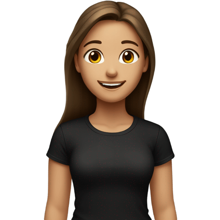 a happy girl with a black t shirt, long hair, brown eyes and brown hair, in front of a world  emoji