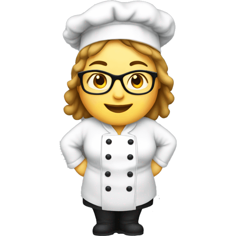 chubby happy mature female chef , with glasses , black beanie hat and apron and white jacket emoji