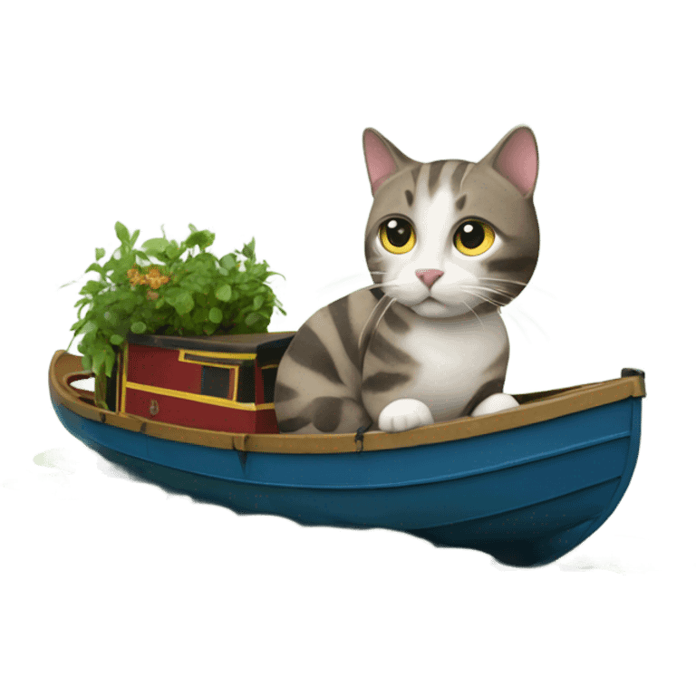 Cat with a narrowboat as its body with plants on top emoji