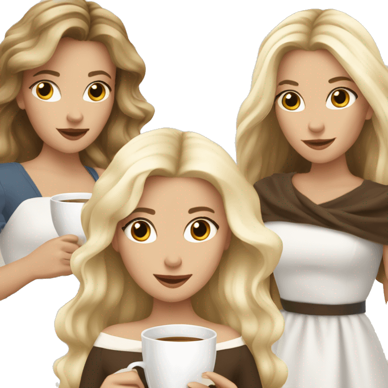 Four beautiful white european girls, one with blond hair and two dark blond hair in dresses drinking coffee  emoji