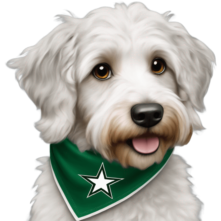 Aussiedoodle wearing a neck bandana with the NHL Dallas Stars hockey team logo emoji