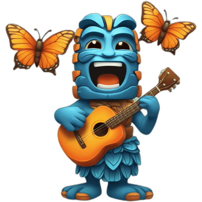 Cartoon Blue and orange tiki singing with butterfly and in the mike emoji