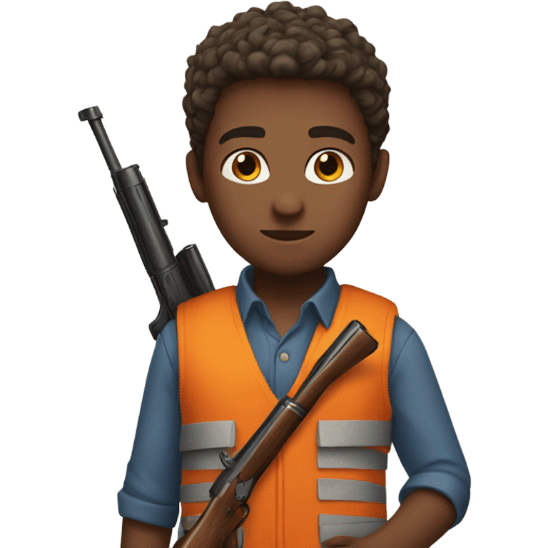 Boy with blue eyes who hunts with shotgun orange vest emoji