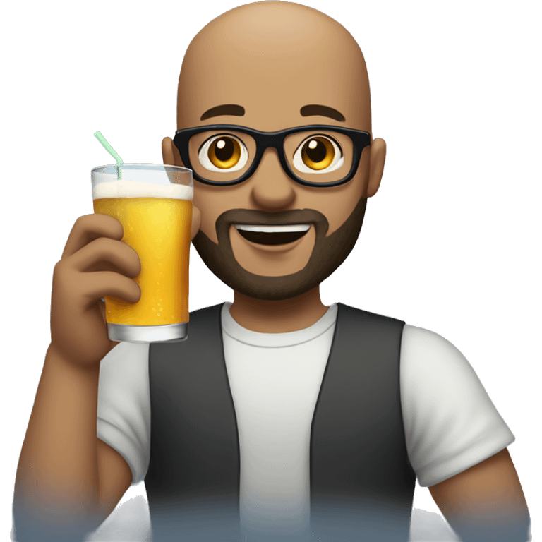 Bald young man with beard and glasses raising a drink emoji