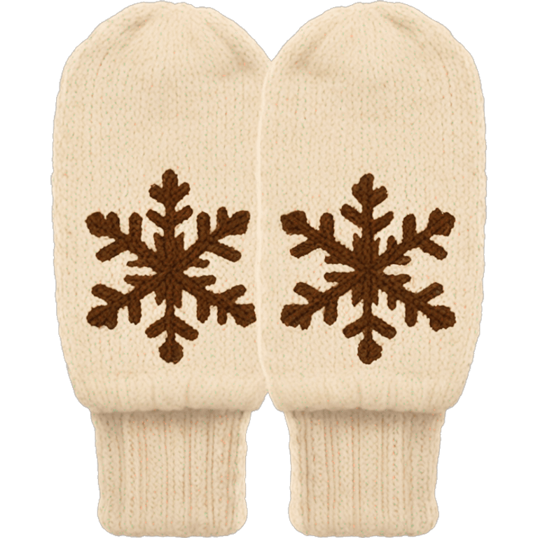 A pair of cozy knitted beige mittens with a snowflake design emoji