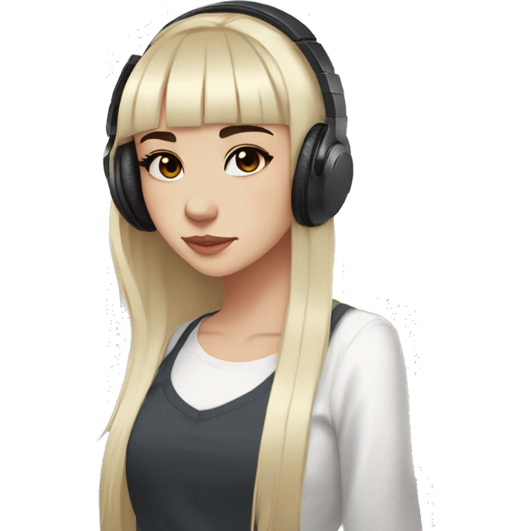 light-skinned girl, 1girl, black hair, solo, long hair, bangs, black eyes, blunt bangs, white shirt, hime cut, headphones, chillhop emoji