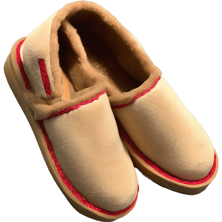 Camel colored thick platform slip-on UGG slippers. has a thin red woven zig-zag trim detail on the cuff emoji