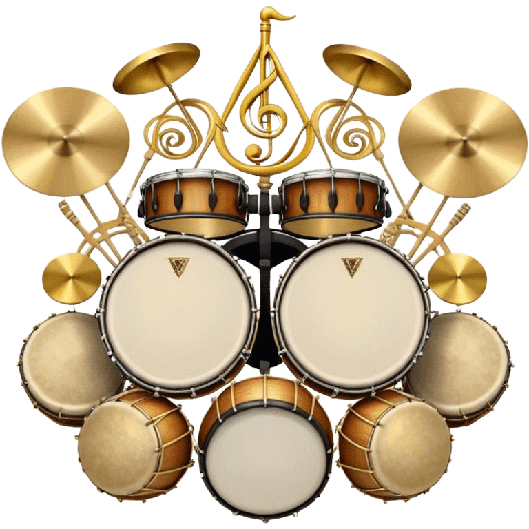 Create a heraldic, festive, and professional emblem-like emoji representing percussion instruments. The design should resemble a traditional crest, featuring a variety of percussion instruments such as cymbals, triangle, tambourine, maracas, timpani, bongo drums, and other traditional folk percussion instruments. Arrange them symmetrically, with cymbals crossing each other, the triangle at the center, and timpani or bongo drums flanking the sides. Include tambourines and maracas prominently, adding rhythm and texture. A flowing ribbon of musical notes should elegantly weave through the instruments, enhancing the sense of movement and celebration. Add intricate decorative patterns on the instruments, along with ornamental swirls, laurels, or flourishes to elevate the festive and heraldic feel. The overall composition should be balanced, harmonious, and visually striking, with an elegant and professional look. The background should be transparent. emoji