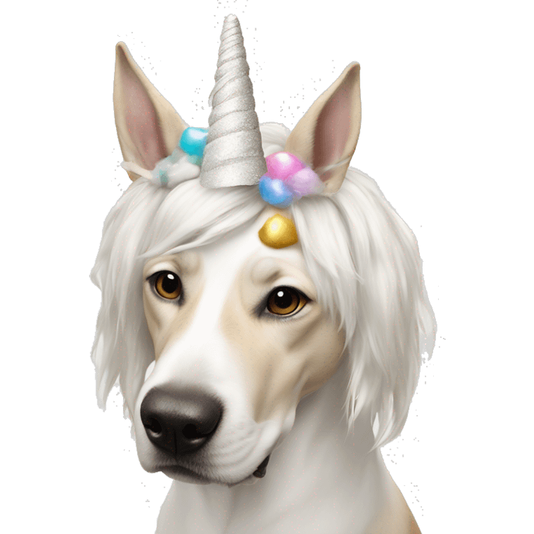 Dog with unicorn horn headband on sniffing white unicorn dust emoji